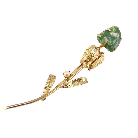 Vintage Green Stone Moss Agate Cultured Pearl Long Pin Brooch 1960s with Safety - Picture 1 of 7